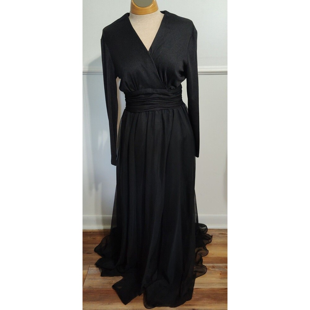 VINTAGE MISS ELLIETT RUCHED EVENING GOWN IN BLACK DESIGNER MAXI DRESS GLAMOUR